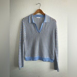 Maurices Open-Knit Polo Sweater | Blue & Oatmeal Cotton Crochet Knit | Size M